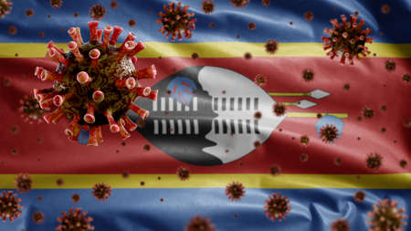 3D, Flu coronavirus floating over Swaziland flag, a pathogen that attacks the respiratory tract. Eswatini banner waving with pandemic of Covid19 virus infection concept. Real fabric texture ensignの写真素材