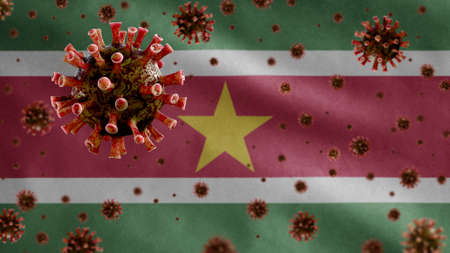 3D, Flu coronavirus floating over Surinamese flag, a pathogen that attacks the respiratory tract. Suriname banner waving with pandemic of Covid19 virus infection concept. Real fabric texture ensignの写真素材