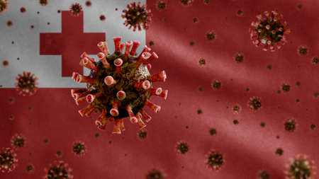 3D, Flu coronavirus floating over Tongan flag, a pathogen that attacks the respiratory tract. Tonga banner waving with pandemic of Covid19 virus infection concept. Real fabric texture ensignの写真素材