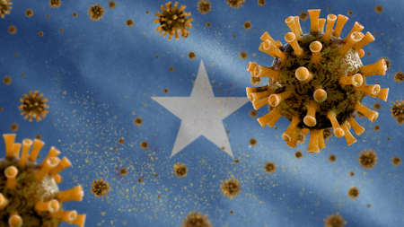 3D, Somalian flag waving with coronavirus outbreak infecting respiratory system as dangerous flu. Influenza type Covid 19 virus with national Somali banner blowing at background. Pandemic risk conceptの写真素材