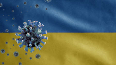 3D, Ukrainian flag waving and Coronavirus 2019 nCov concept. Asian outbreak in Ukraine, coronaviruses influenza as dangerous flu strain cases as a pandemic. Microscope virus Covid19 close up.の写真素材