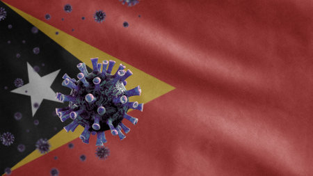 3D, Timorese flag waving and Coronavirus 2019 nCov concept. Asian outbreak in East Timor, coronaviruses influenza as dangerous flu strain cases as a pandemic. Microscope virus Covid19 close up.の写真素材