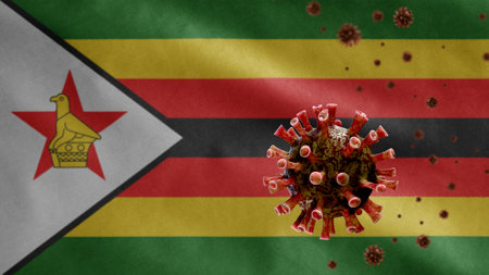 3D, Zimbabwean flag waving with coronavirus outbreak infecting respiratory system as dangerous flu. Influenza type Covid 19 virus with national Zimbabwe banner blowing at backgroundの写真素材