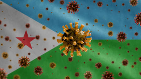 3D, Flu coronavirus floating over Djiboutian flag, a pathogen that attacks the respiratory tract. Djibouti banner waving with pandemic of Covid19 virus infection conceptの写真素材