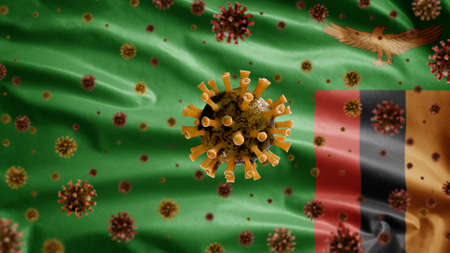 3D, Flu coronavirus floating over Zambian flag, a pathogen that attacks the respiratory tract. Zambia banner waving with pandemic of Covid19 virus infection concept.の写真素材