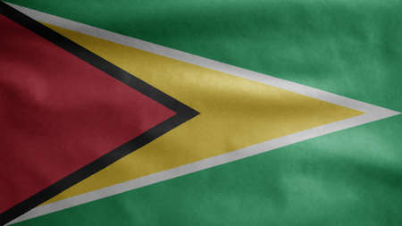 Guyanese flag waving in the wind. Close up of Guyana banner blowing, soft and smooth silk. Cloth fabric texture ensign background.の写真素材