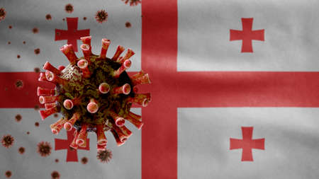 3D, Georgian flag waving and Coronavirus 2019 nCov concept. Asian outbreak in Georgia, coronaviruses influenza as dangerous flu strain cases as a pandemic. Microscope virus Covid19 close up.の写真素材
