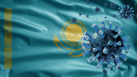 3D, Kazakhstani flag waving with coronavirus outbreak infecting respiratory system as dangerous flu. Influenza type Covid 19 virus with national Kazakhstan banner blowing at background.の写真素材