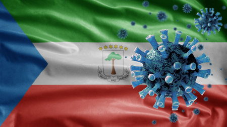 3D, Equatoguinean flag waving with coronavirus outbreak infecting respiratory system as dangerous flu. Influenza type Covid 19 virus with national Equatorial Guinea banner blowing at background.の写真素材