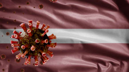 3D, Latvian flag waving and Coronavirus 2019 nCov concept. Asian outbreak in Latvia, coronaviruses influenza as dangerous flu strain cases as a pandemic. Microscope virus Covid19 close up.の写真素材
