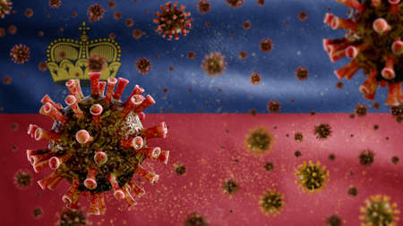 3D, Flu coronavirus floating over Liechtensteiner flag, a pathogen that attacks the respiratory tract. Liechtenstein banner waving with pandemic of Covid19 virus infection conceptの写真素材