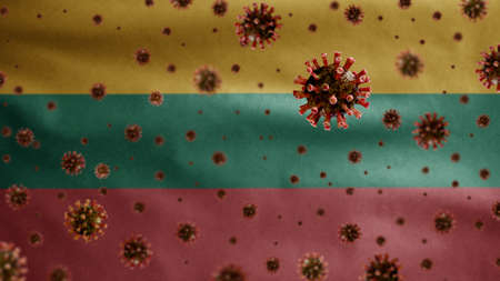 3D, Flu coronavirus floating over Lithuanian flag, a pathogen that attacks the respiratory tract. Lithuaniastate banner waving with pandemic Covid19 virus infection concept.の写真素材