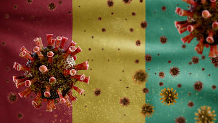 3D, Flu coronavirus floating over Guinean flag, a pathogen that attacks the respiratory tract. Guinea banner waving with pandemic of Covid19 virus infection concept. Real fabric texture ensignの写真素材