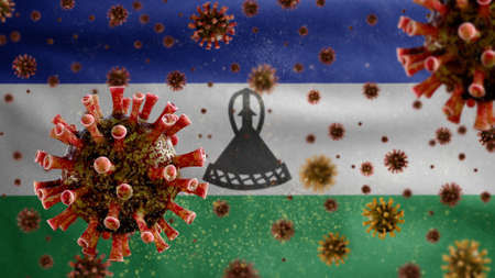 3D, Flu coronavirus floating over Lesotho flag, a pathogen that attacks the respiratory tract. Sesotho banner waving with pandemic of Covid19 virus infection concept. Real fabric texture ensignの写真素材