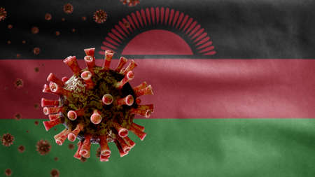 3D, Malawian flag waving and Coronavirus 2019 nCov concept. Asian outbreak in Malawi, coronaviruses influenza as dangerous flu strain cases as a pandemic. Microscope virus Covid19 close up.の写真素材
