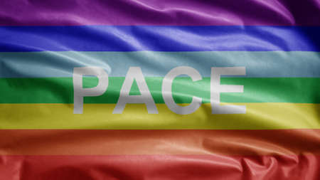 Sign of Peace flag waving in the wind. Rainbow colors of peaceful wavy. Symbol of pacifist blowing, soft and smooth silk. Cloth fabric texture ensign background.の写真素材