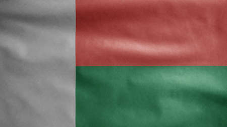 Malagasy flag waving in the wind. Close up of Madagascar banner blowing, soft and smooth silk. Cloth fabric texture ensign background.の写真素材