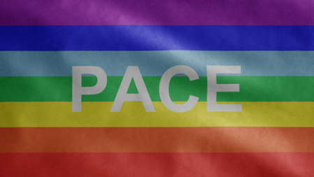 Peace flag waving in the wind. Close up of rainbow colors of peaceful banner blowing, soft and smooth silk. Cloth fabric texture ensign background. Use it for national day concept.の写真素材