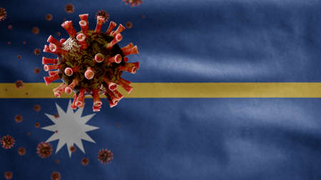 3D, Nauruan flag waving and Coronavirus 2019 nCov concept. Asian outbreak in Nauru, coronaviruses influenza as dangerous flu strain cases as a pandemic. Covid19 virus close up.の写真素材