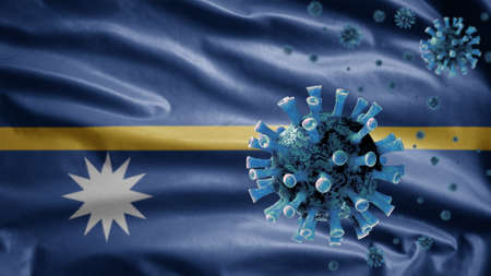 3D, Nauruan flag waving with coronavirus outbreak infecting respiratory system as dangerous flu. Influenza type Covid 19 virus with national Nauru banner blowing at background.の写真素材