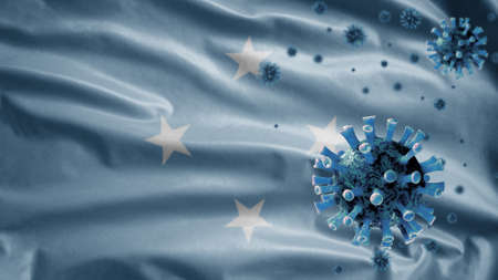 3D, Micronesian flag waving with coronavirus outbreak infecting respiratory system as dangerous flu. Influenza type Covid 19 virus with national Micronesia banner blowing at backgroundの写真素材
