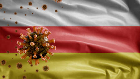 3D, Ossetian flag waving and Coronavirus 2019 nCov concept. Asian outbreak in South Ossetia, coronaviruses influenza as dangerous flu strain cases as a pandemic. Covid19 virus close up.の写真素材