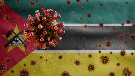 3D, Flu coronavirus floating over Mozambican flag, a pathogen that attacks the respiratory tract. Mozambique banner waving with pandemic of Covid19 virus infection concept. Real fabric texture ensignの写真素材