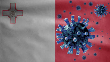 3D, Maltese flag waving with coronavirus outbreak infecting respiratory system as dangerous flu. Influenza type Covid 19 virus with national Malta banner blowing at background.の写真素材
