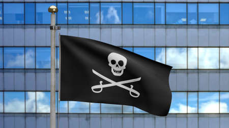 3D, fabric texture of the pirate skull with sabers flag waving in wind. Calico Jack pirate symbol for hacker and robber concept. Realistic flag of Pirates black on the wavy surfaceの写真素材