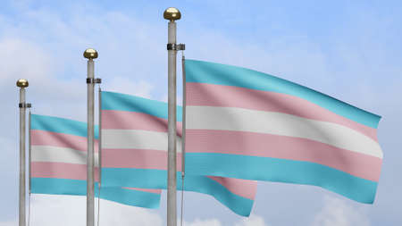 3D Transsexuality flag waving on wind with blue sky. Close up of Transsexual banner blowing, soft and smooth silk. Cloth fabric texture ensign background. Use it for pride gay day and events concept.の写真素材