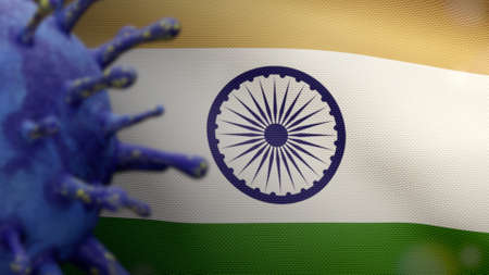 3D, Indian flag waving and Coronavirus 2019 nCov concept. Asian outbreak in India, coronaviruses influenza as dangerous flu strain cases as a pandemic. Microscope virus Covid19 close up.の写真素材