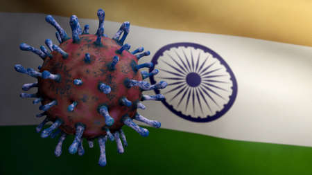 3D, Indian flag waving with coronavirus outbreak infecting respiratory system as dangerous flu. Influenza type Covid 19 virus with national India banner blowing at background. Pandemic risk conceptの写真素材