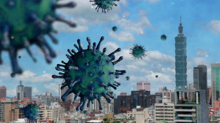 3D illustration flu coronavirus floating on corporate landmark skyline in Taipei modern city. Famous building 101 skyscrapers in Taiwan and pandemic of Covid19 virus infection concept.の写真素材