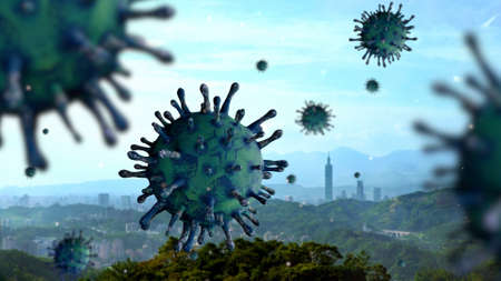 3D illustration. Taiwan tall buildings in the capital with Coronavirus 2019 nCov concept. Asian...