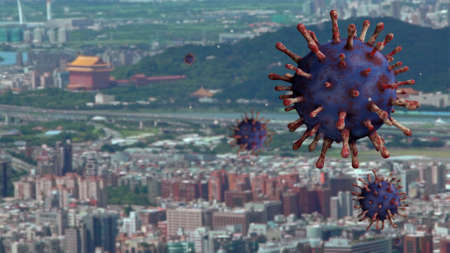 3D illustration. Influenza Covid 19 virus with beautiful and modern financial district of Taipei as dangerous flu. Coronavirus pandemic over the tops of town at Taiwanの写真素材