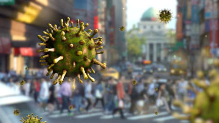 3D illustration flu coronavirus floating on street with people in Taipei modern city. Capital of Taiwan and pandemic Covid19 virus infection concept.の写真素材
