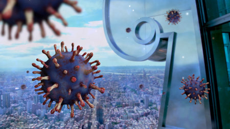 3D illustration flu coronavirus floating on corporate landmark skyline in Taipei modern city. Famous building 101 skyscrapers in Taiwan and pandemic of Covid19 virus infection concept.の写真素材