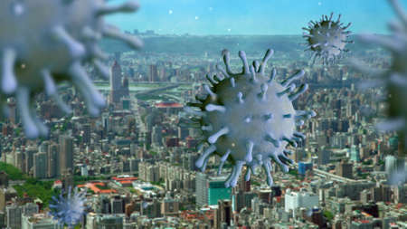 3D illustration. Influenza Covid 19 virus with beautiful and modern financial district of Taipei as dangerous flu. Coronavirus pandemic over the tops of town at Taiwanの写真素材