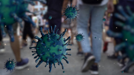 3D illustration. Street with people walking on Taipei capital with Coronavirus 2019 nCov concept. Asian outbreak and coronaviruses pandemic on Taiwanの写真素材