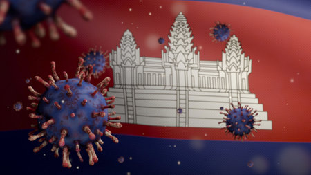 3D, Flu floating over Cambodian flag, a pathogen that attacks the respiratory tract. Cambodia banner waving with pandemic of virus infection concept. Real fabric texture ensignの写真素材