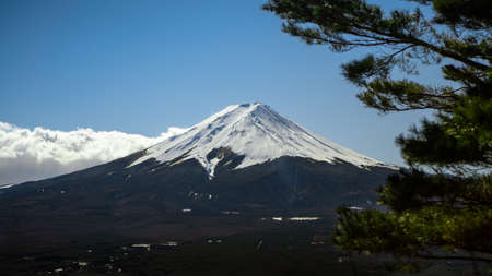 Beautiful Fuji mountain with snow cover on the top with cloud, landmark travel place. Winter seasons...