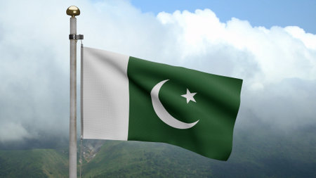 3D, Pakistani flag waving on wind at mountain. Pakistan banner blowing soft silk. Cloth fabric texture ensign background. National day and country occasions concept.の写真素材