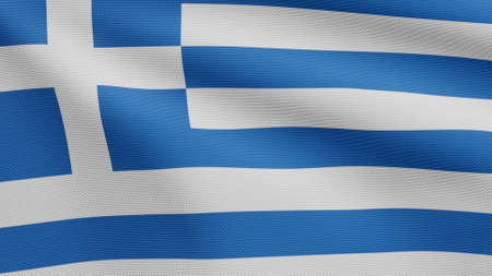 3D, Greek flag waving on wind. Close up of Greece banner blowing, soft and smooth silk. Cloth fabric texture ensign background.の写真素材