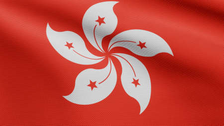 3D, Hongkong flag waving on wind. Close up of Hong Kong banner blowing, soft and smooth silk. Cloth fabric texture ensign background. Use it for national day and country occasions concept.の写真素材