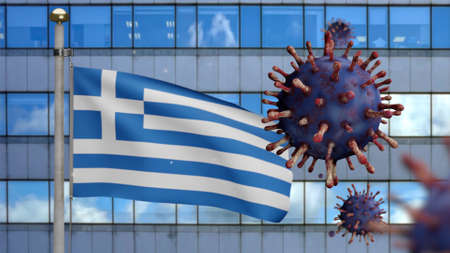 3D, Greek flag waving with with modern skyscraper city and coronavirus outbreak as dangerous flu. Influenza type Covid 19 virus with national Greece banner blowing. Pandemic risk conceptの写真素材