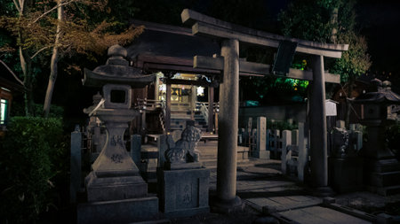 Stone torii gate and little shinto altar at Yasaka Jinja shrine in night. Gion Temple is one of the most famous shrines in Kyoto. Japan Tochigi prefecture town city with old tori entranceのeditorial素材