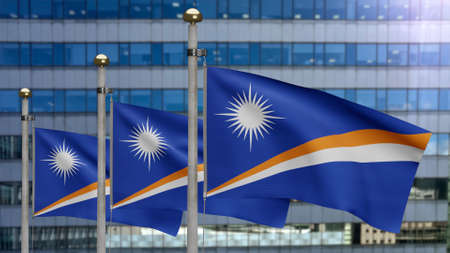 3D, Marshallese flag waving on wind with modern skyscraper city. Marshall banner blowing, soft and...