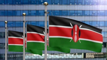 3D, Kenyan flag waving on wind with modern skyscraper city. Kenya banner blowing, soft and smooth silk. Cloth fabric texture ensign background. Use it for national day and country occasions concept.の写真素材