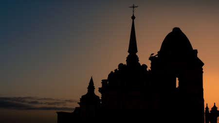Beautiful sunset. Aerial view of Catholic church located in the Spanish town of Jerez de los Caballeros, belonging to the province of Badajoz, in the autonomous community of Extremadura. Spainの写真素材