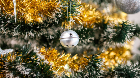 Frame of green pine branch with Christmas balls on white background and space for text. View of fir tree branches and Xmas baubles for decoration banner and New Year concept.の写真素材